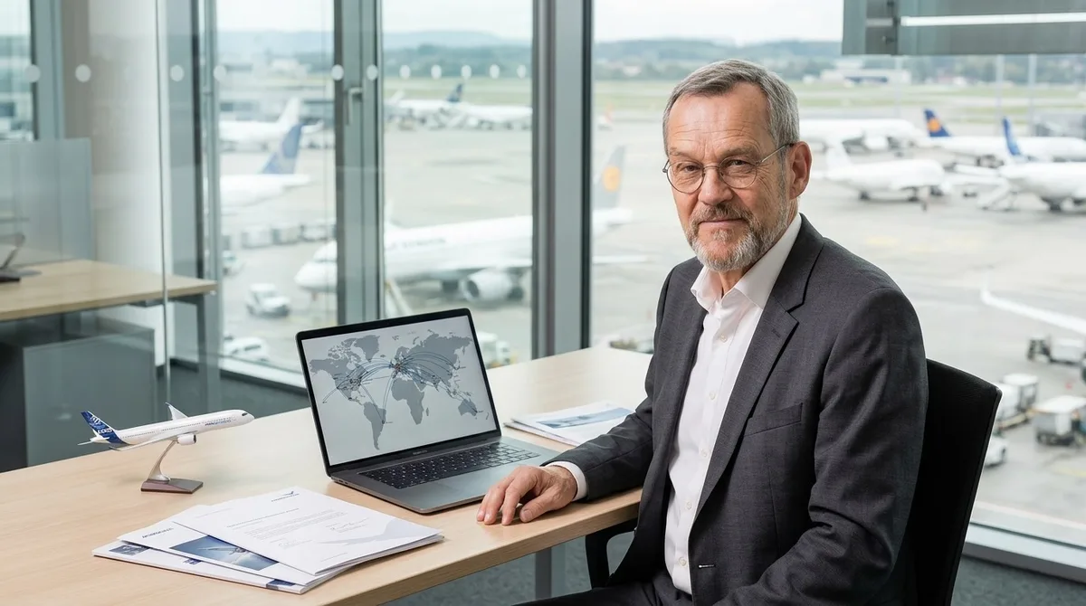Martin Kellerhals in an airport advisory setting with aircraft visible through the window