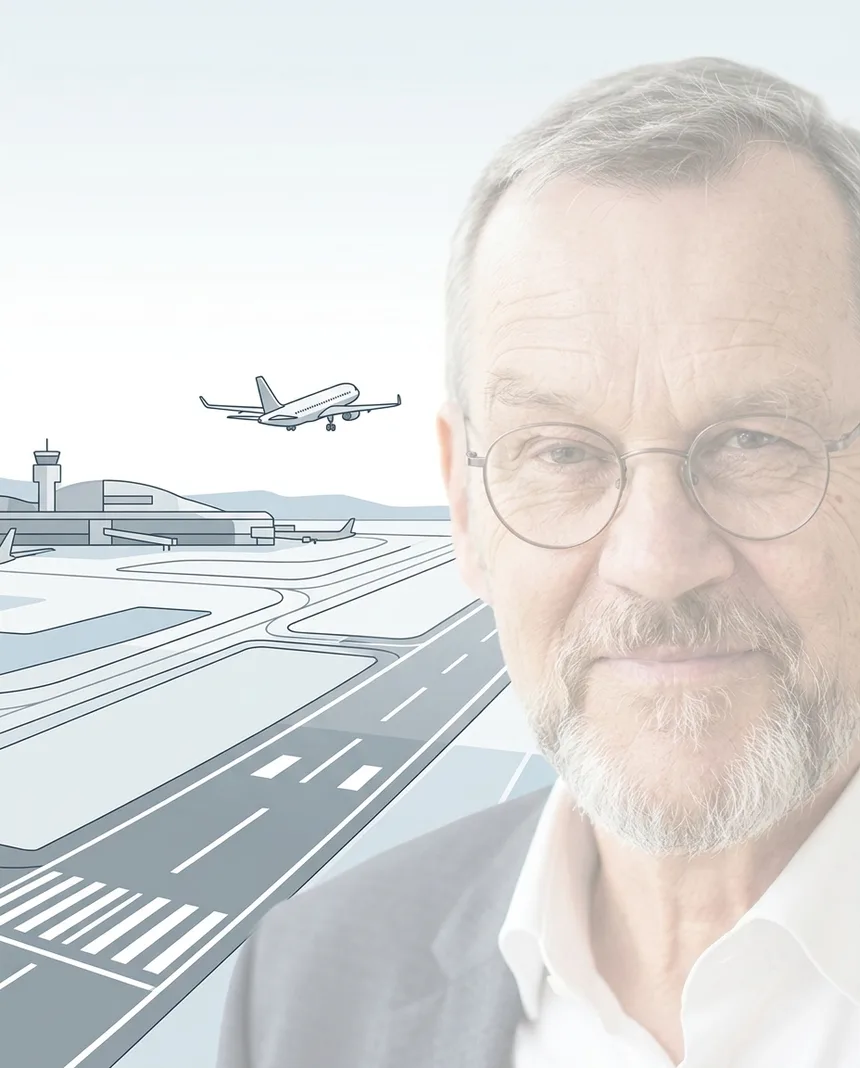 Illustrated portrait of Martin Kellerhals with airport runway and aircraft line art