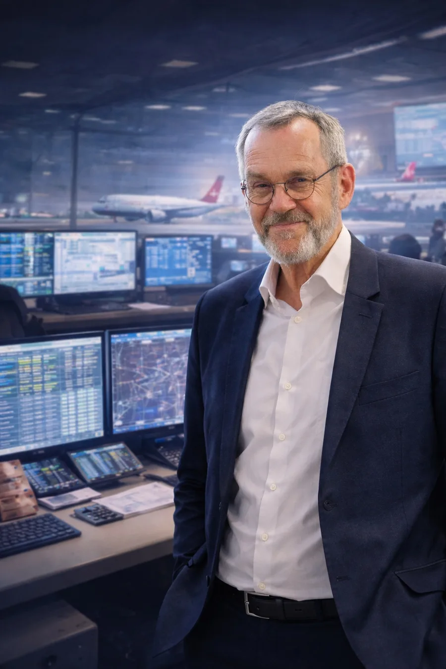 Martin Kellerhals standing in an aviation operations control environment with flight dispatch screens