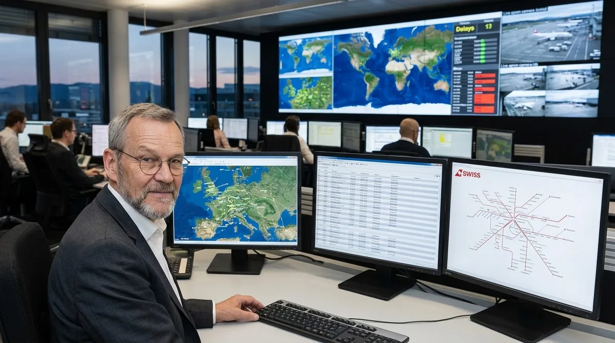 Martin Kellerhals seated in an operations control centre with aviation screens and maps